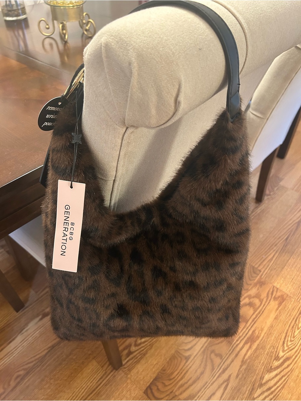 BCBGeneration Brown Leopard Faux-Fur Shoulder Bag with Black Handle (NWT)